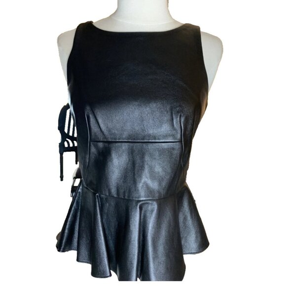 Amanda Uprichard Black Leather Peplum Top Women’s S Sleeveless Zip Back - Picture 2 of 12
